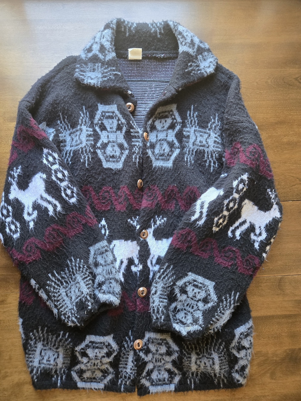Handmade Ecuador Wool Alpaca Cardigan Llama Print Oversized Tribal Jacket